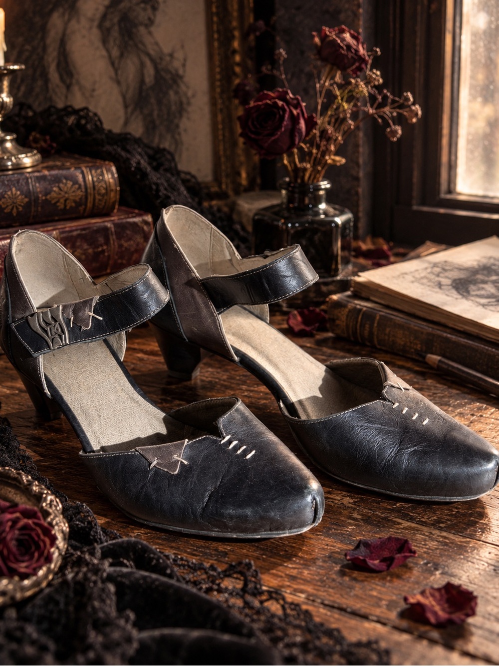 Dorking Leather Mary Jane Heels EU 40 Black Pewter Dark Academia Witchy Vintage